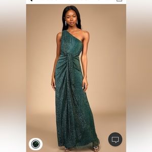 Lulus Glamorous Glitzy Shiny Teal One Shoulder formal dress.
